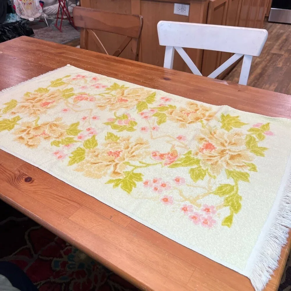 Vtg tastemaker bath Hand wash cloth Towel set 60 70s Yellow Cotton Fringe Floral
